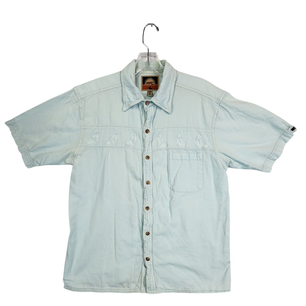 FPC Light Blue Sailboat Embroidered Cotton Button Up Shirt Medium Nautical Beach